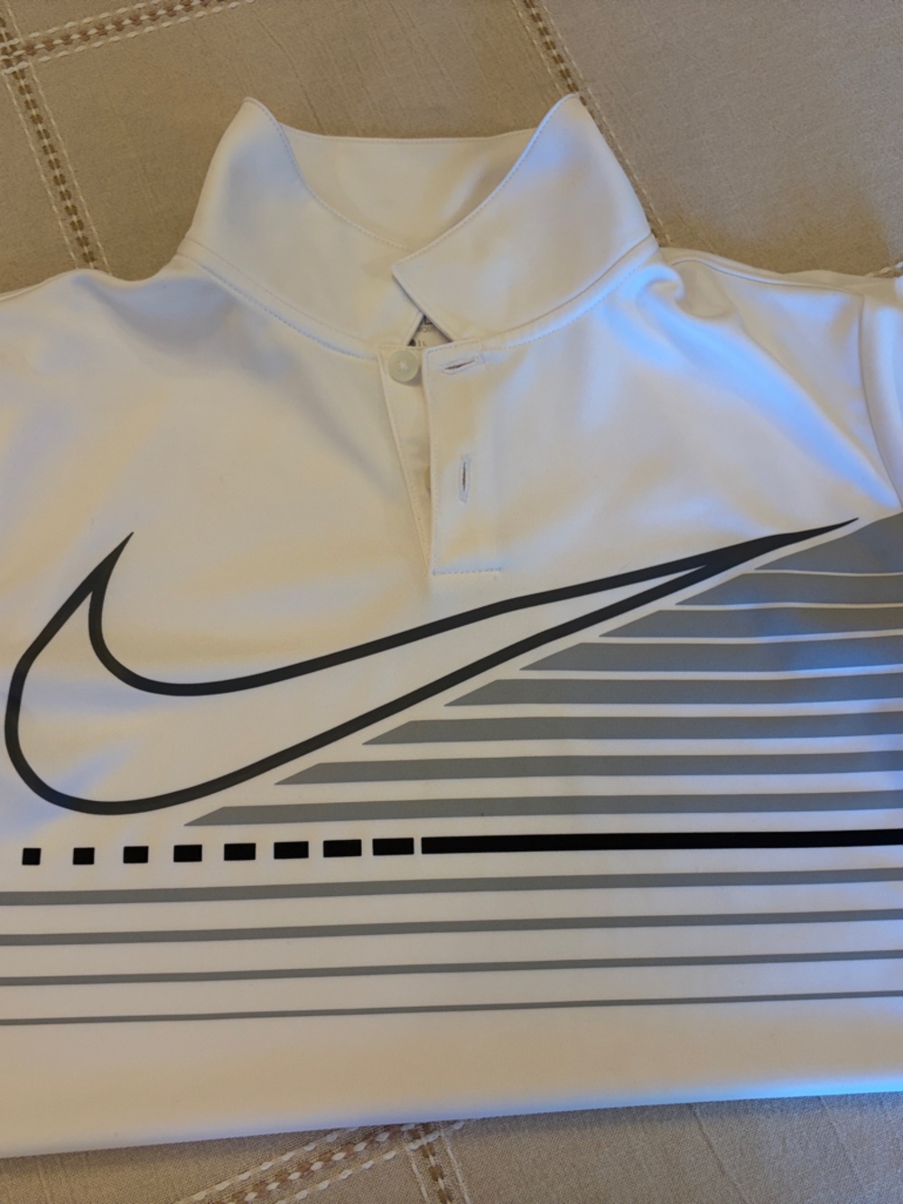Nike White Golf Top with Black & Gray Swoosh Stripe Design